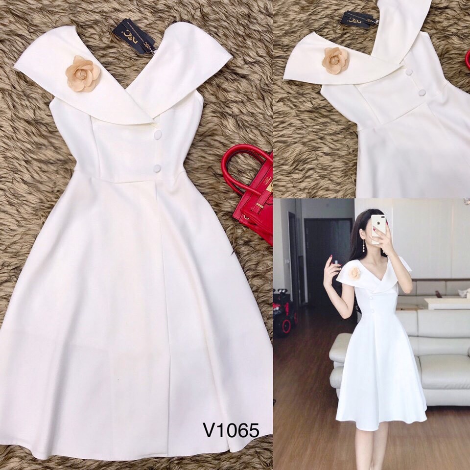 Váy xòe đầm nữ dự tiệc freesize chất kate lụa cổ bèo đính hoa Kimhoa77 | BigBuy360 - bigbuy360.vn