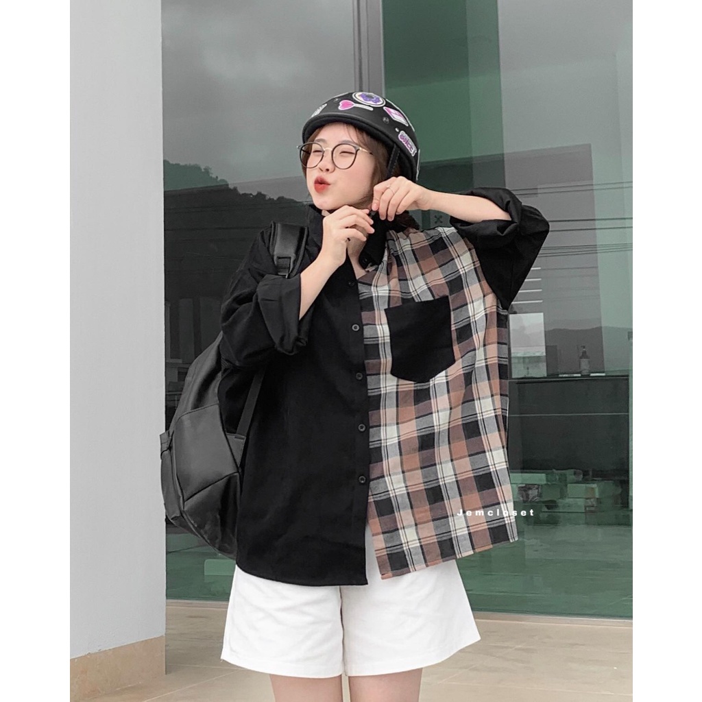 Áo Sơmi Tay Dài Nữ Jem Closet Kẻ Caro Chất Liệu Nhung Tăm Shell  2 Màu Đen Trắng Phong Cách Ulzzang Hàn Quốc- 10015