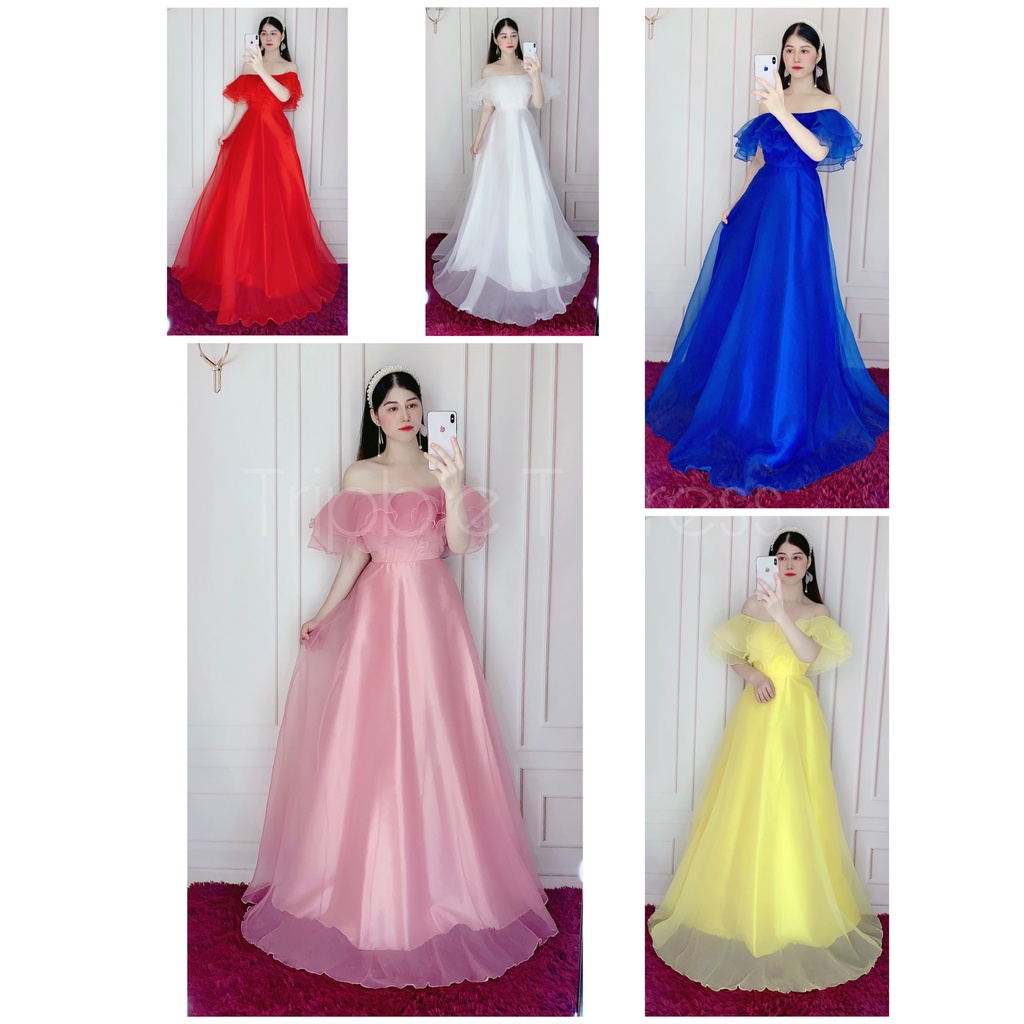 Đầm maxi mặc cưới dự tiệc bẹt vai bèo tầng sang trọng - size M/L (có ảnh/video thật) MS324V