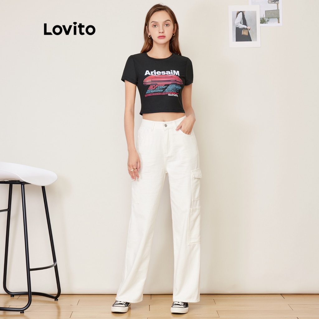 Áo thun Lovito in chữ phong cách thường ngày L27AD020 (màu đen)