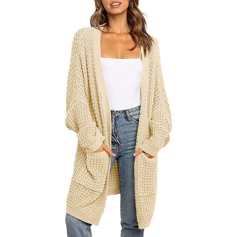 Xiangbao Áo Khoác Cardigan Dệt Kim Dáng Dài Tay Cánh Dơi Mở Phía Trước Màu Khố