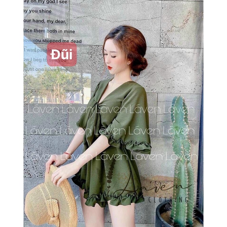 Jum Đũi Bèo Cổ V Tay Loe Rộng Cột Nơ Ngực Thắt Eo Có Kèm Hình Thật Không có đánh giá