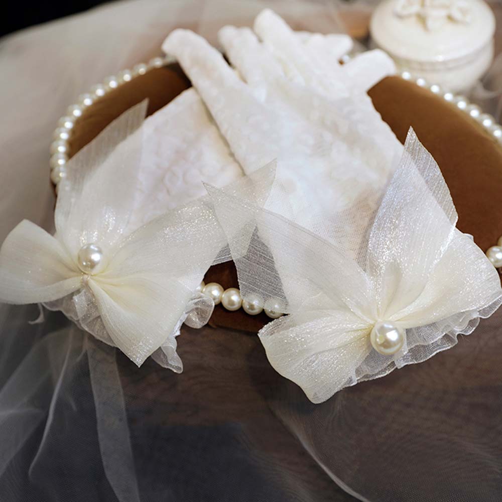 Găng Tay Ren Đính Nơ Phong Cách Thanh Lịch Cho Cô Dâu