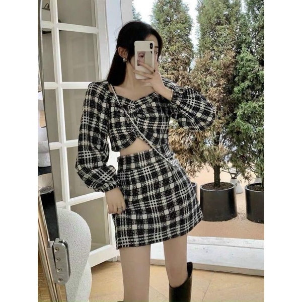 SET CROPTOP DẠ CARO ÁO BẸT VAI