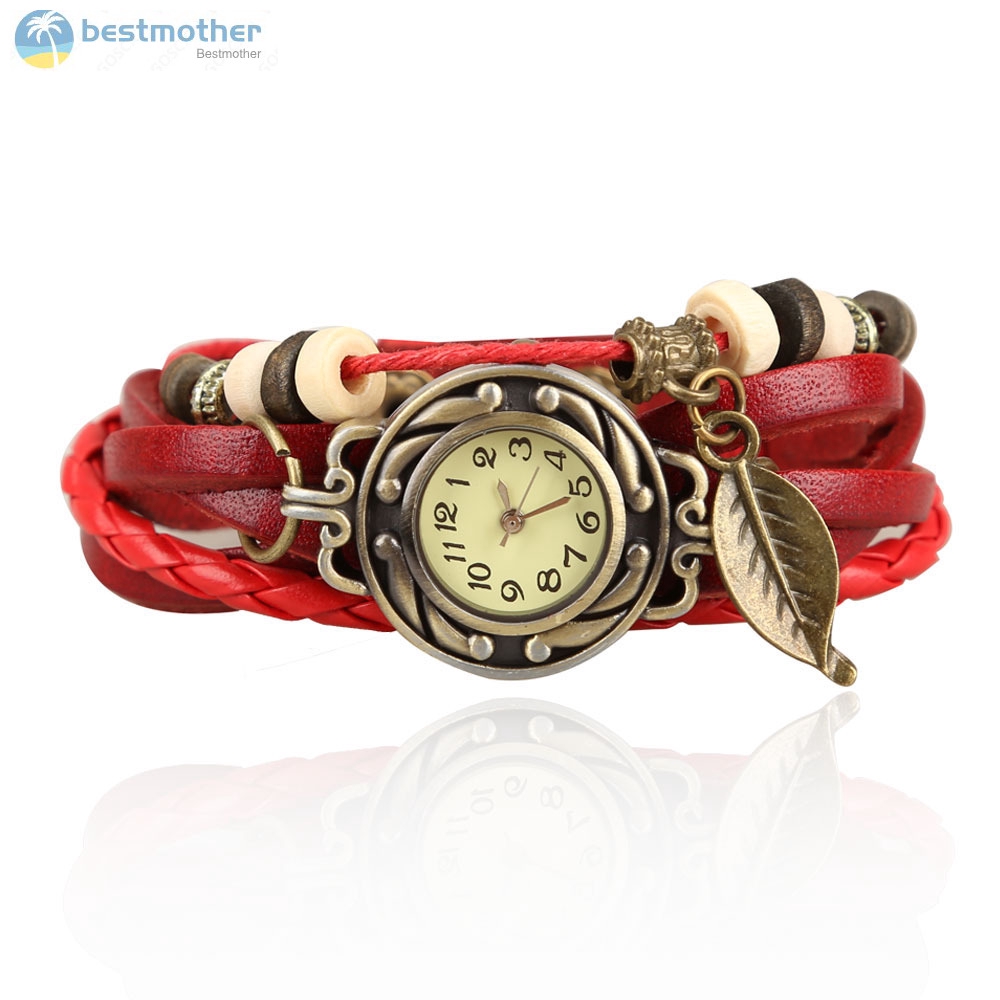 Đồng hồ đeo tay vintage trang trí hạt charm hình chiếc lá