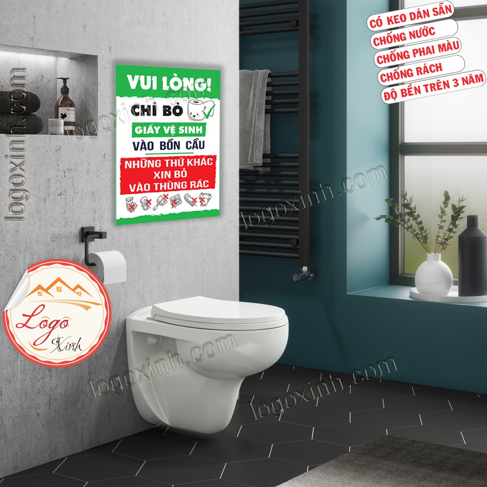 LOGO STICKER TEM DÁN YÊU CẦU BỎ GIẤY VỆ SINH VÀO BỒN CẦU SAU KHI SỬ DỤNG, GIỮ SẠCH NHÀ VỆ SINH TOILET, KEEP TOILET CLEAN