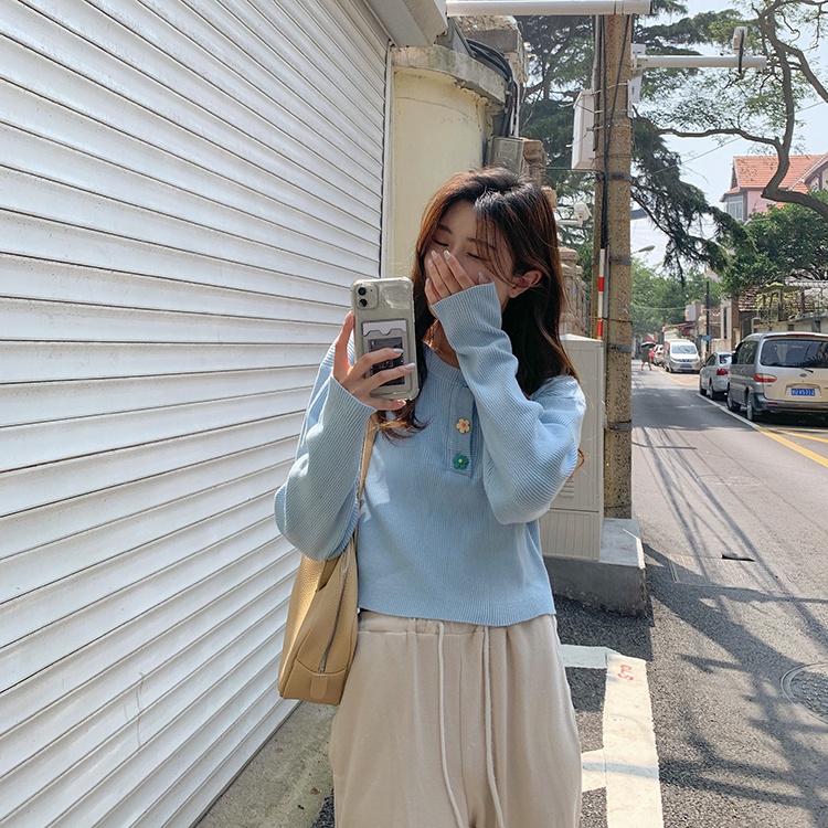 Porozi  Áo sweater tay dài in hoa phối nút phong cách Hàn Quốc cho nữ