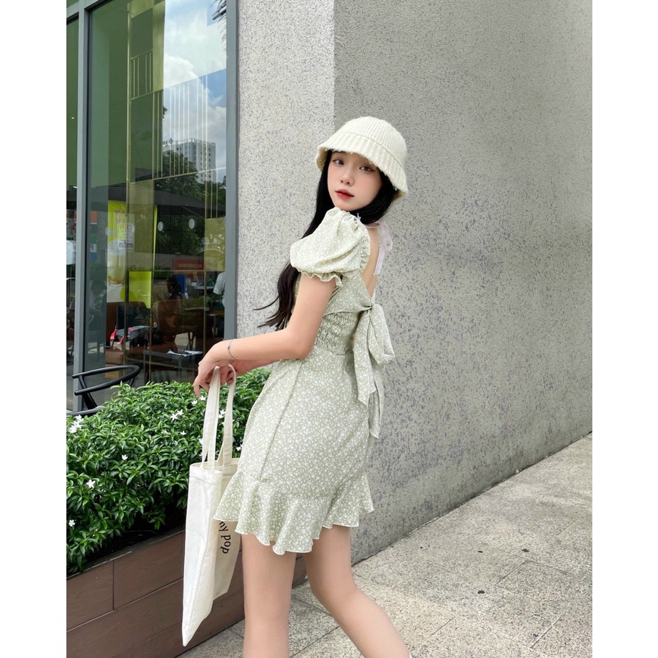Đầm Hoa Xanh 💖DEMISS💖 Váy Hoa Xanh Nơ Lưng Chân Bèo Đính Nhíu Ngực Nhẹ Nhàng - V-HOA-74