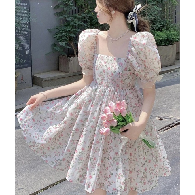 ĐẦM HOA BBD TAY REN CỔ VUÔNG PHỒNG