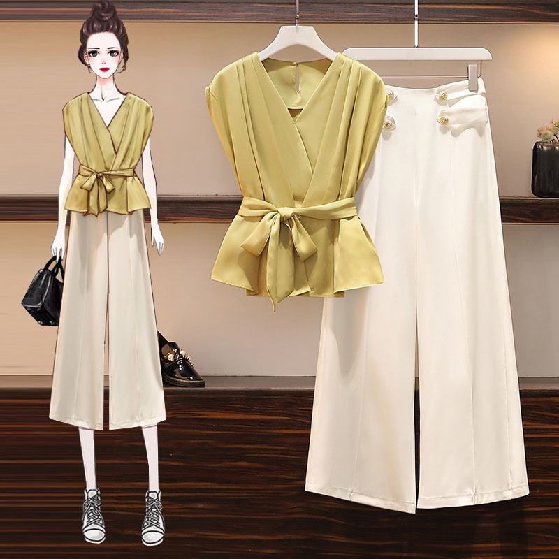 🌸Hàng Order(Có Sẵn 2XL)🌸 Sét Bigsize Áo Cánh Rơi Cổ V Thắt Eo Phối Quần Ống Rộng Công Sở Sành Điệu🌸Hàng Quảng Châu