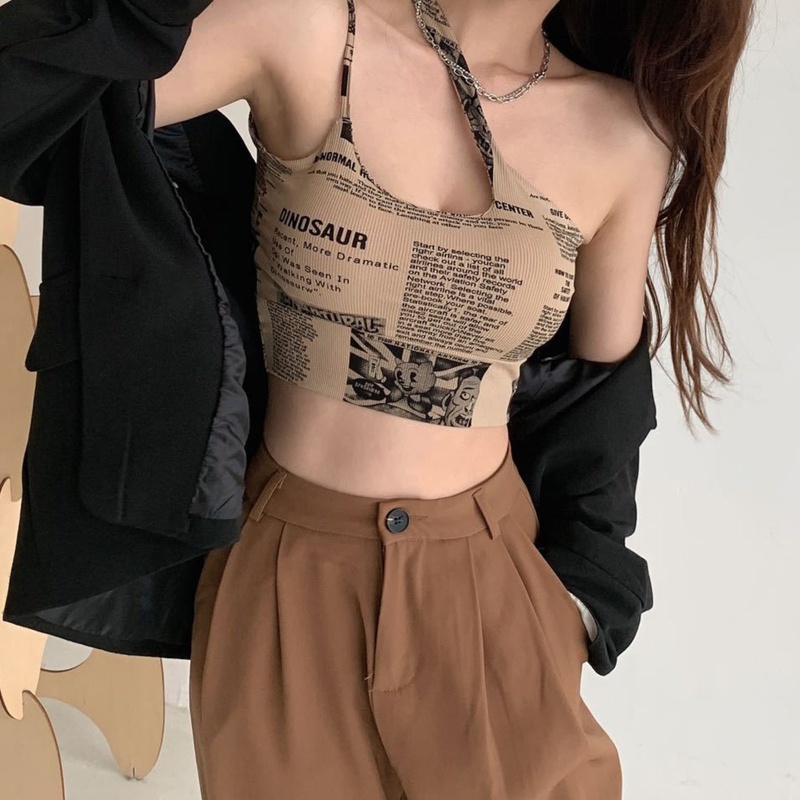Áo Ống Croptop Hai Dây In Họa Tiết Báo Chí Phong Cách Gothic Punk Quyến Rũ Cho Nữ