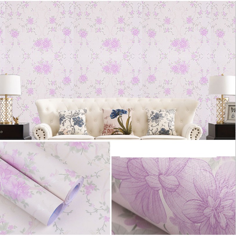 Cuộn 10m giấy dán tường HAI ĐÓA HỒNG TÍM khổ rộng 45cm