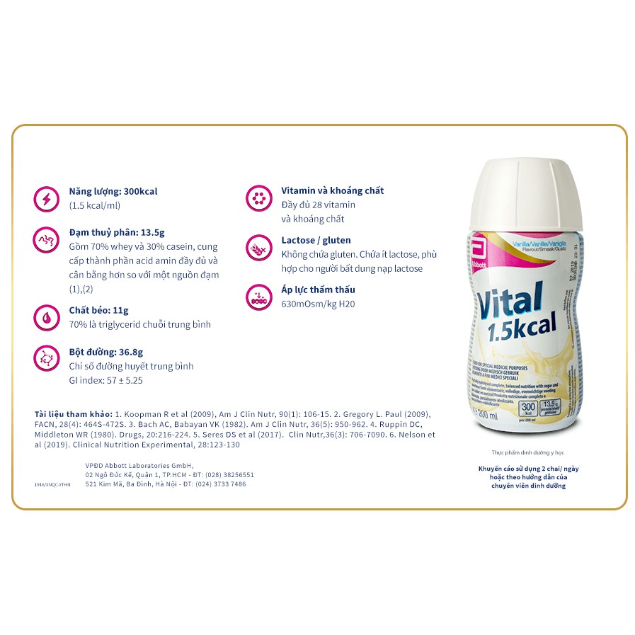 ABBOTT SỮA VITAL 1.5 KCAL TỪ ABOTT HOA KỲ, LỐC 6 CHAI 200ML - DINH DƯỠNG TỐI ƯU DÀNH CHO NGƯỜI SUY DINH DƯỠNG