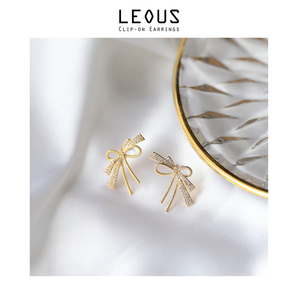 Khuyên tai kẹp không bấm lỗ chốt cố định K147 bằng hợp kim mạ vàng hình nơ đính đá dáng ngắn Leous Accessories