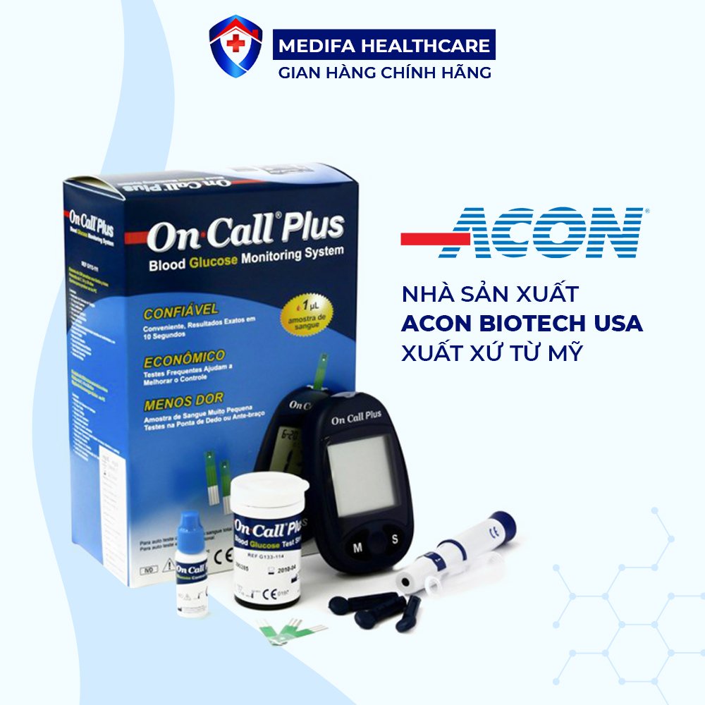 Bộ Máy Đo Đường Huyết On Call Plus Acon Biotech Mỹ + Tặng hộp 25 que thử và 25 kim chích máu Chính hãng