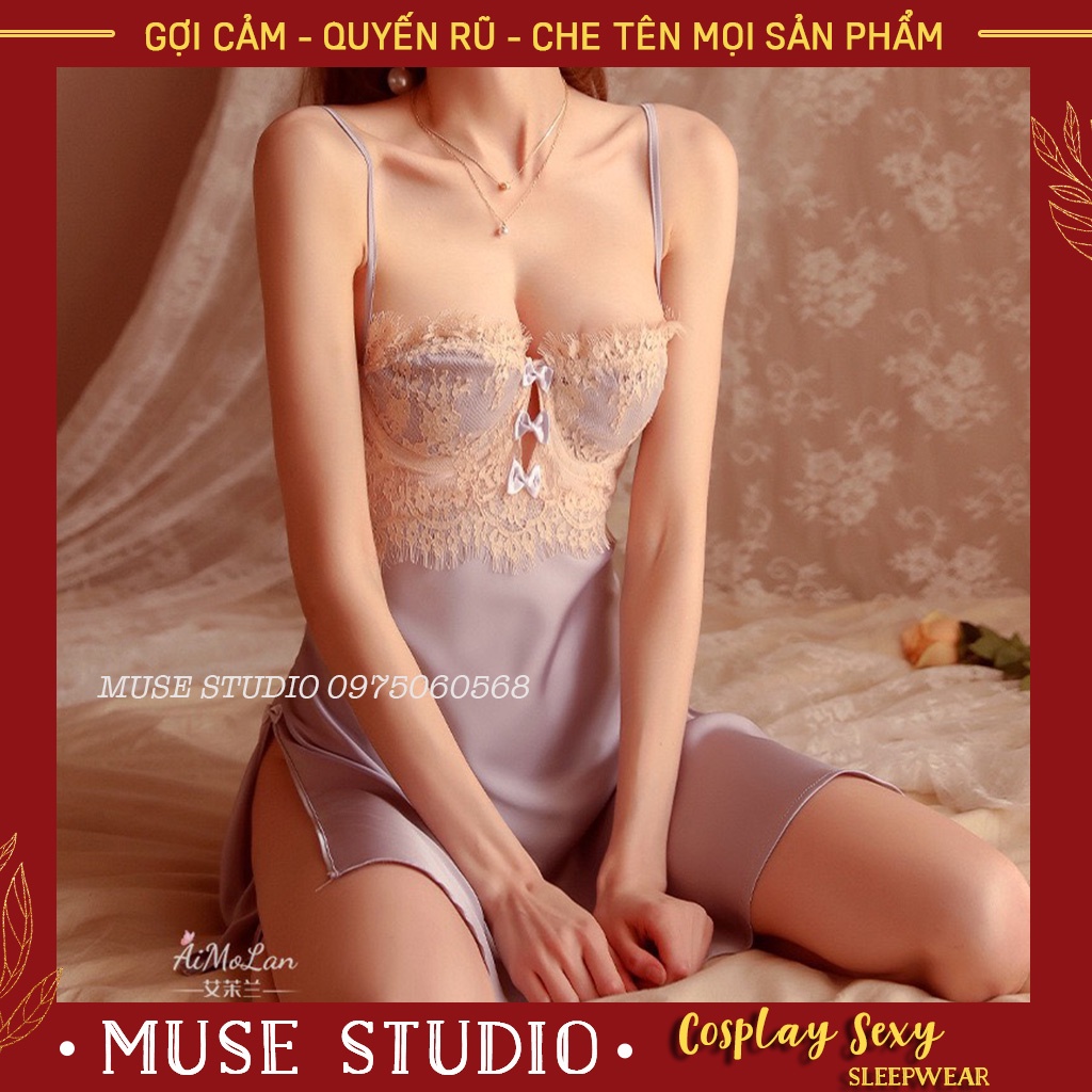 Váy ngủ sexy, đầm ngủ gợi cảm có gọng nâng ngực xẻ hai bên đùi vải satin hàng cao cấp
