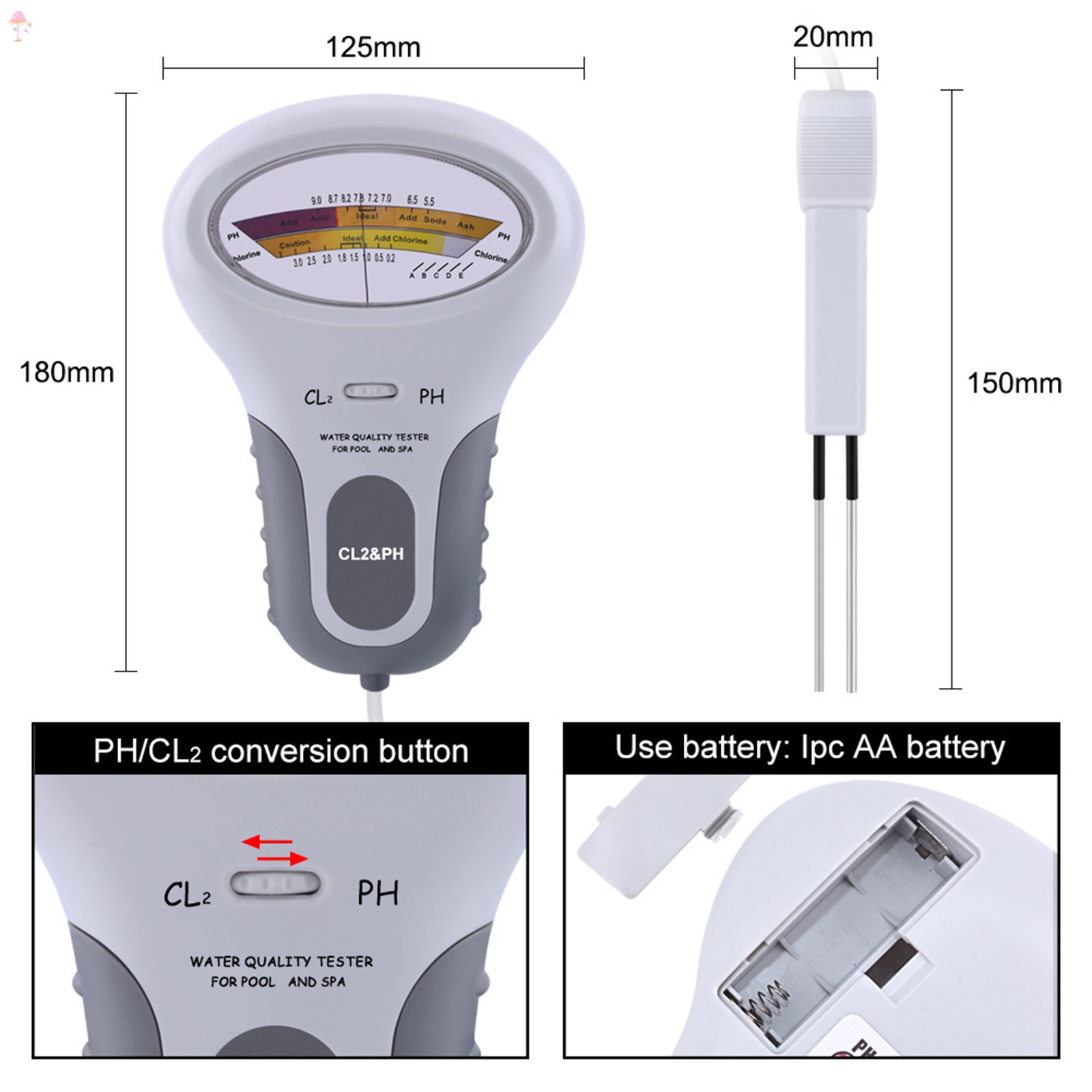 LL PH Meter & Chlorine Level CL2 Meter Combo Portable 2 in 1 Water Quality Dial Tester for Pool Spa Drinking Water .VN