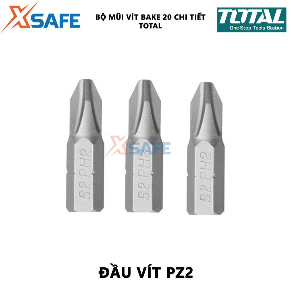 Bộ mũi vặn vít TOTAL kích thước PZ2 x 25-50mm, chất liệu thép công nghiệp S2 không gỉ, mạ niken từ tính
