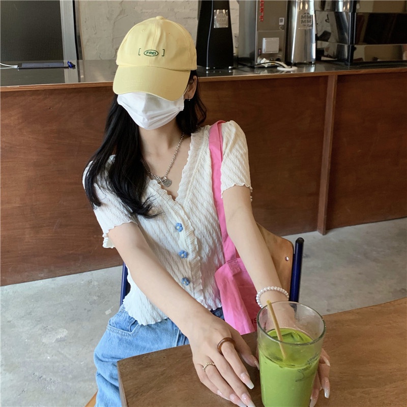 [Hana And Alice] Áo Cardigan Dệt Kim Tay Ngắn Cài Nút Họa Tiết Hoa Nấm Xếp Ly