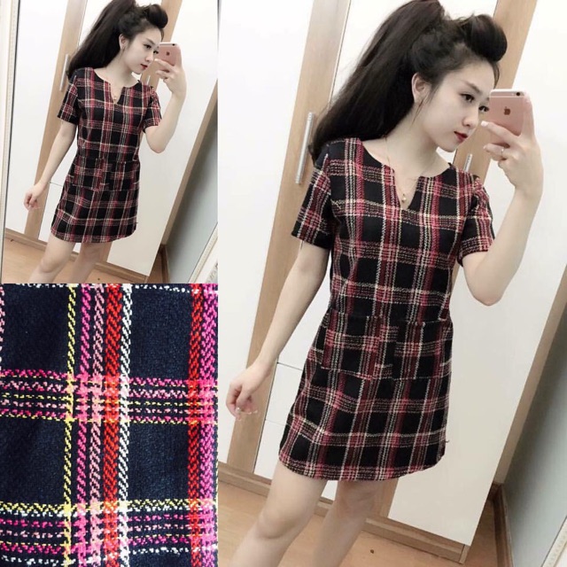 Váy kẻ đỏ cộc tay cổ xẻ chất dạ dáng xuông váy xuông sang chảnh Annastore