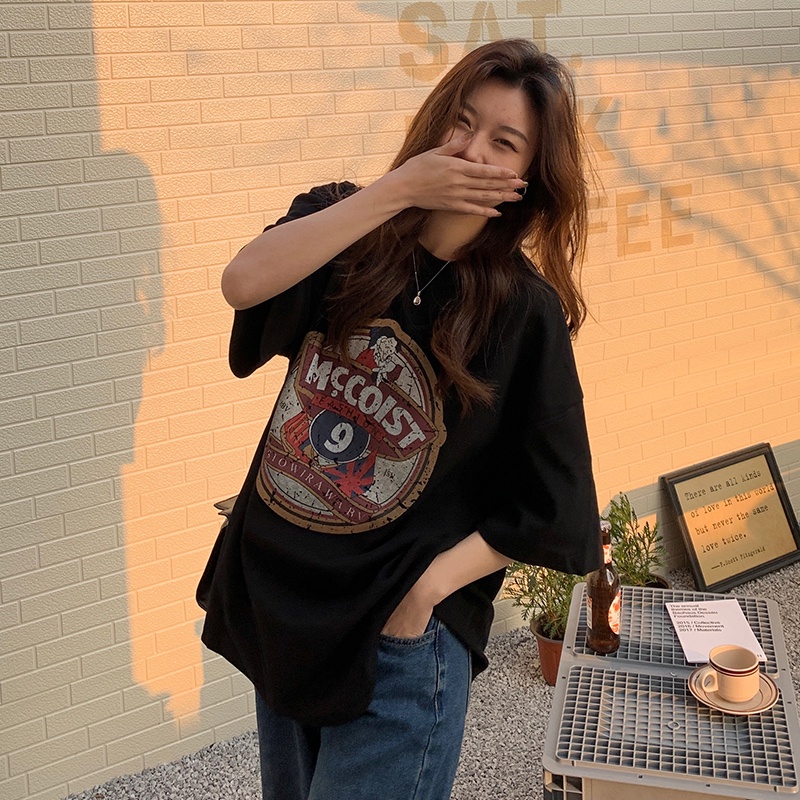 Áo thun SUXI ngắn tay cổ tròn dáng rộng in họa tiết cổ điển thời trang mùa hè cho nữ