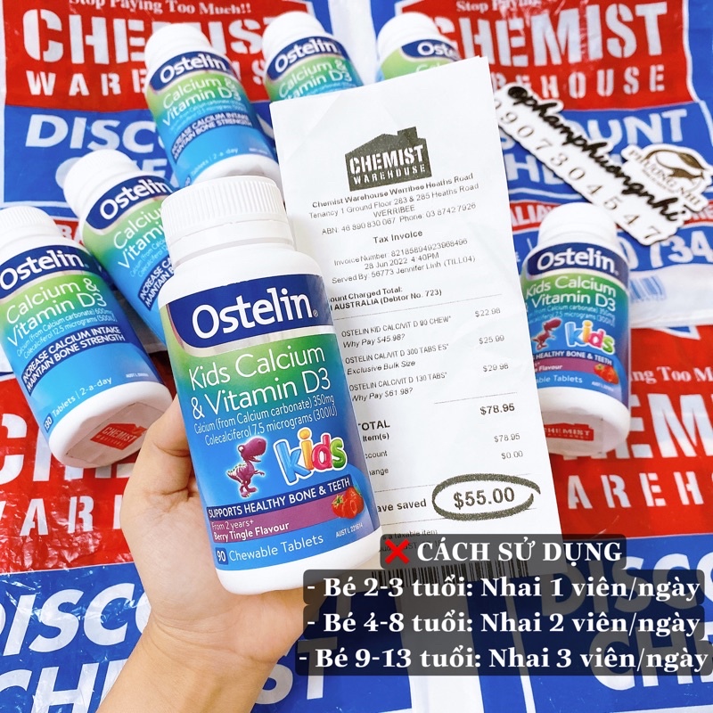 Bill mua tại Úc chuẩn AIR  - viên nhai bổ sung canxi và D3 cho trẻ trên 2 tuổi Ostelin Vitamin D & Calcium Kids