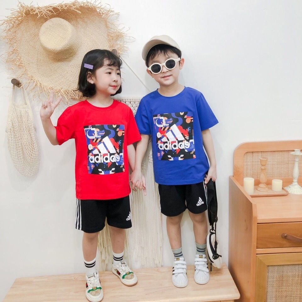 Bộ Đồ 2 Món Áo Thun Cotton Tay Ngắn Cổ Tròn + Quần Dài Adidas Thời Trang Cho Bé 2-13 Tuổi