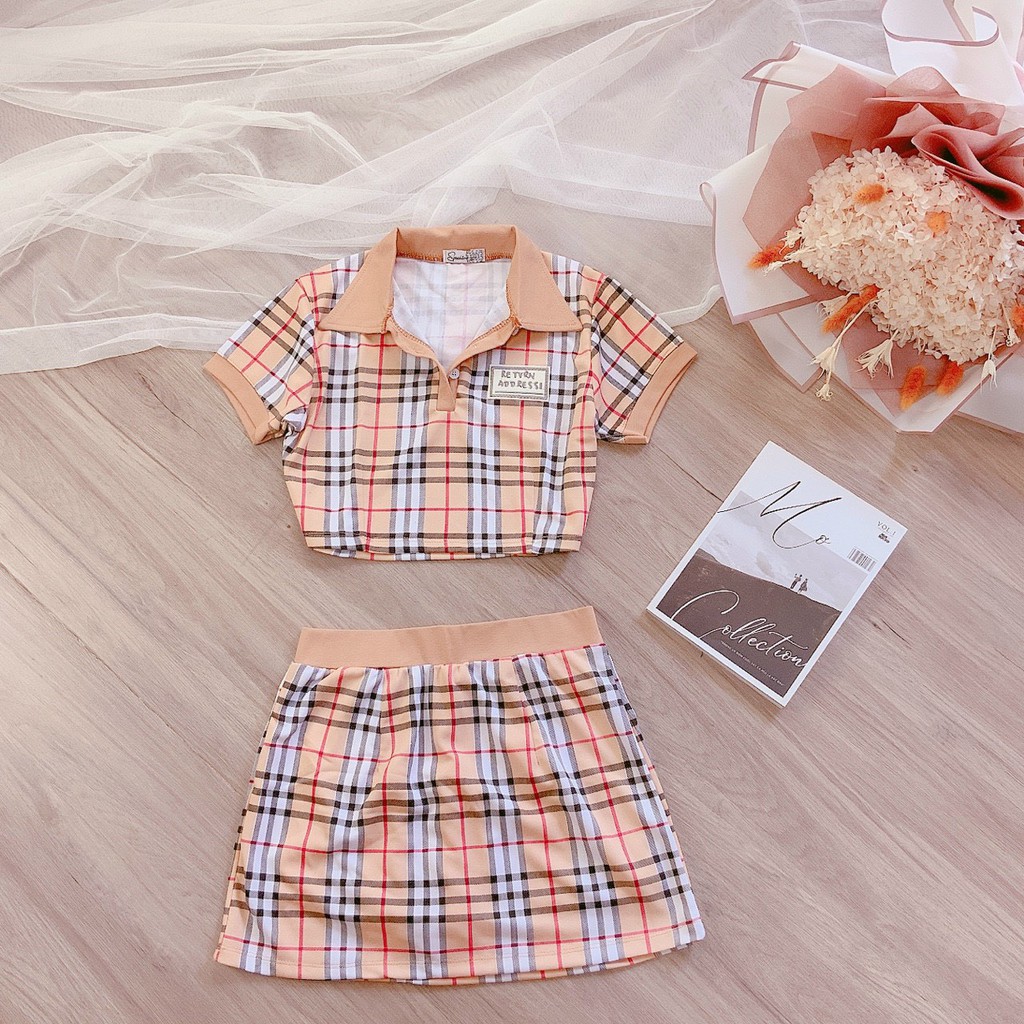 set bộ BB áo croptop cỏ bẻ chân váy dáng A họa tiết chữ sang ảnh thật coton mềm