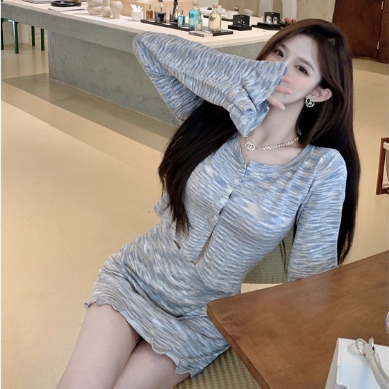 Set Chân Váy Lưng Cao Và Áo Tay Dài Cổ Chữ V Màu Sắc Thời Trang Hàn Quốc Cho Nữ