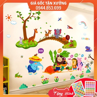 Combo 2 tranh dán tường cho bé, decal dán tường cho bé các con vật thu hoạch rau củ quả và thú qua cầu