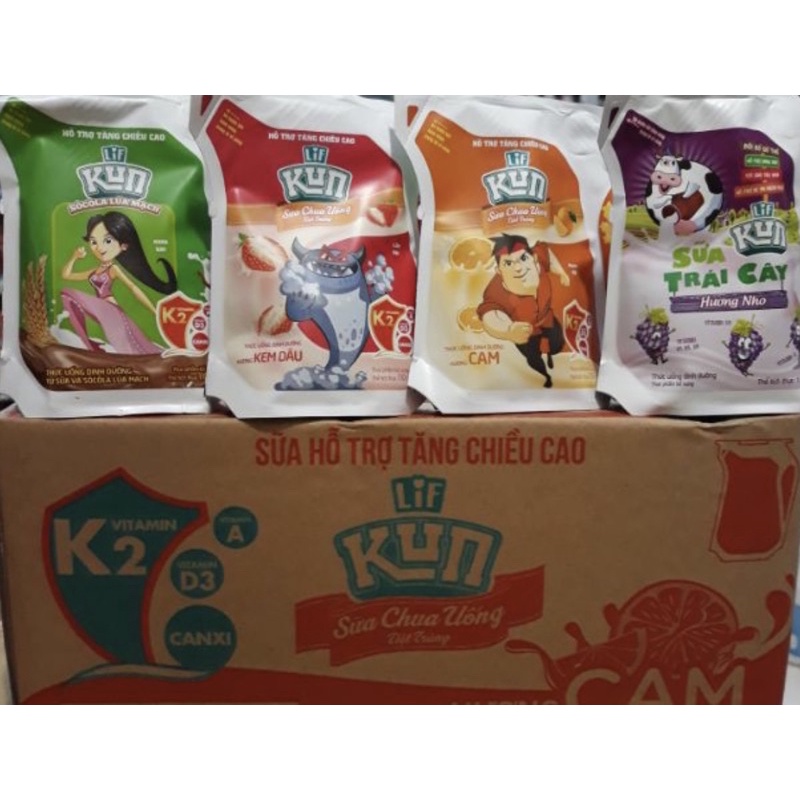 Sữa Kun 24 túi/thùng ( nho,cam,dâu,sô-cô-la lúa mạch )có bao lì xì trong mỗi thùng từ 5k đến 50k