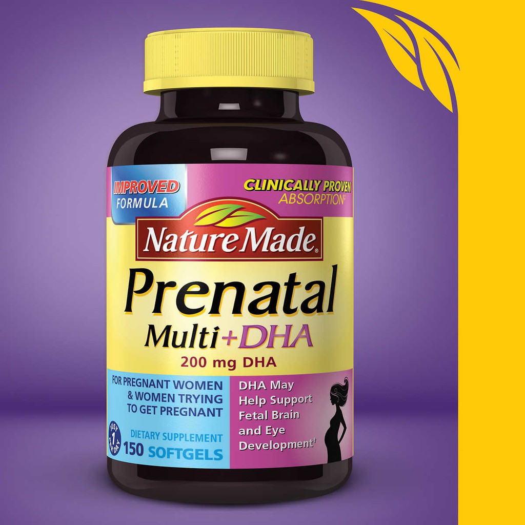 Nature Made Prenatal Multi + DHA 200 mg DHA bổ bà bầu vitamin, Chai 150 viên