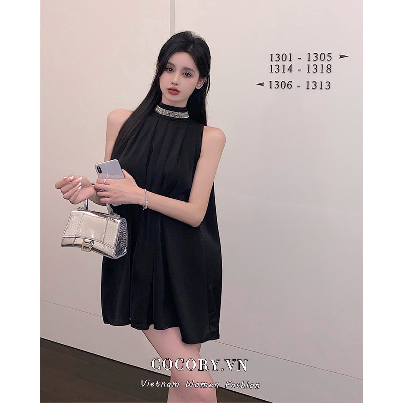 Cocory vn Đầm Chữ A Sát Nách Hở Vai Màu Đen Thời Trang Mùa Hè