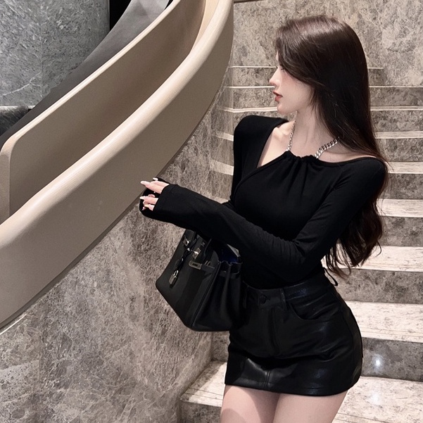 Áo Thun Tay Dài Hở Vai Ôm Dáng Màu Trơn Phong Cách Hàn Quốc Thời Trang Quyến Rũ Cho Nữ