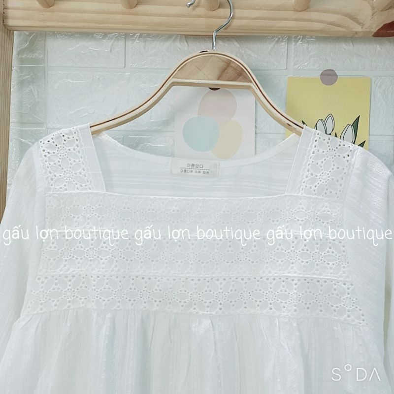 Áo babydoll cổ vuông vintage chất thô mềm ảnh thật