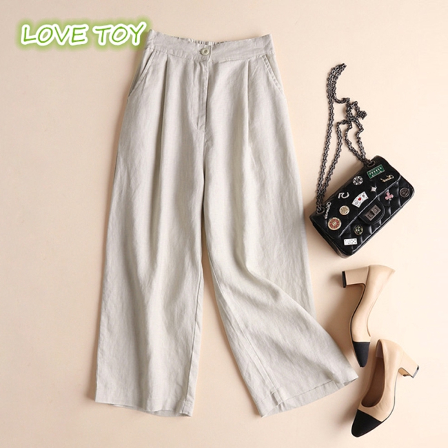 Women Fashion Cotton Linen Solid Color Thin Wide Leg Loose Ninth Pants | BigBuy360 - bigbuy360.vn