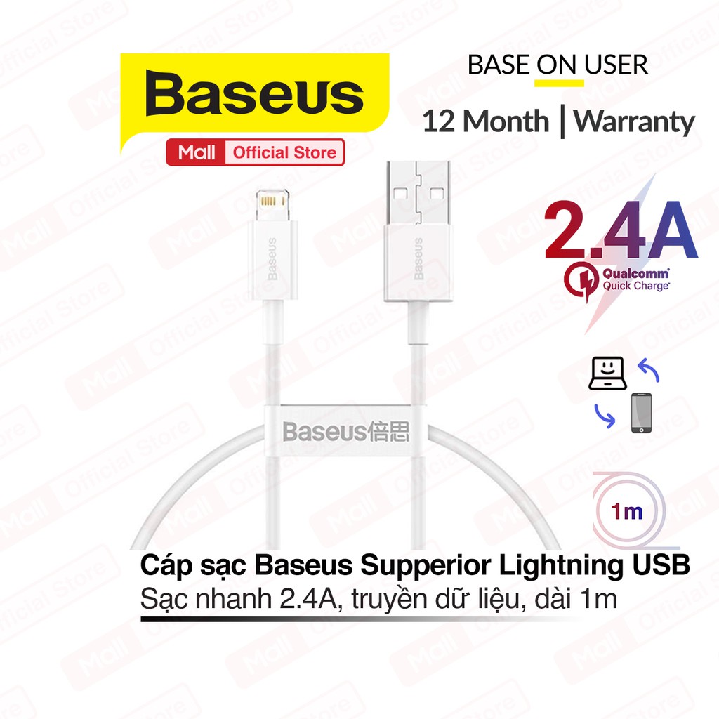 Cáp sạc Baseus Superior Series USB to Lightning tốc độ sạc 2.4A , hỗ trợ truyền dữ liệu 480Mbps, dây nhựa dẻo, dài 1m