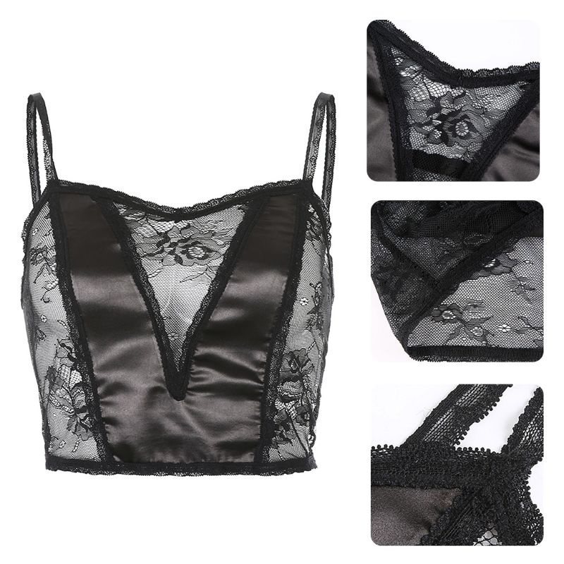 Áo Croptop Hai Dây Cổ Chữ V Phối Ren Xuyên Thấu Phong Cách Gothic Quyến Rũ