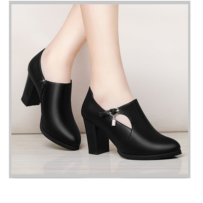 (Bảo hành 12 tháng) Giày Bốt nữ khoét eo cách điệu -Giày boot nữ da mềm bít mũi gót cao 7cm chuẩn form y hình