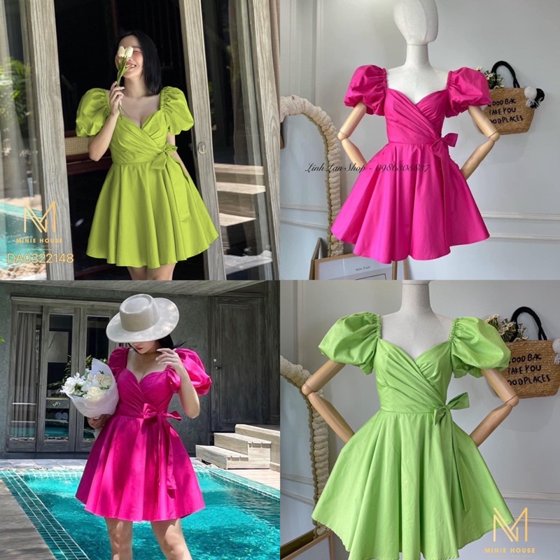Váy Thô 2 Màu Cổ V Nơ Eo Dáng Xoè Siêu Xinh