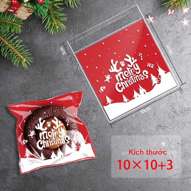 Bao bì hoạ tiết, túi đựng bánh dán miệng 10x10+3, chủ đề Noel Giáng Sinh - VUA BAO BÌ