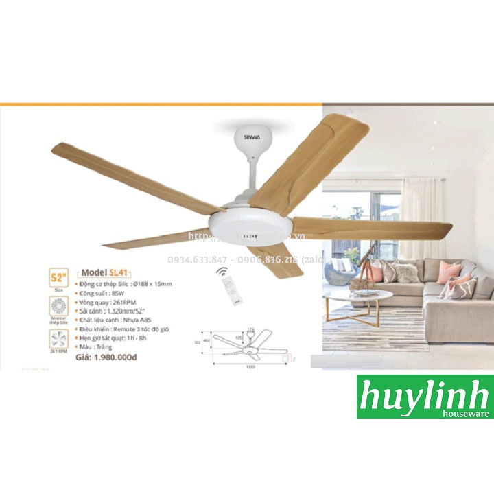 [Mã 159ELSALE hoàn 7% đơn 300K] Quạt trần cánh nhựa Sinwa SL43 - 5 cánh - Có Remote