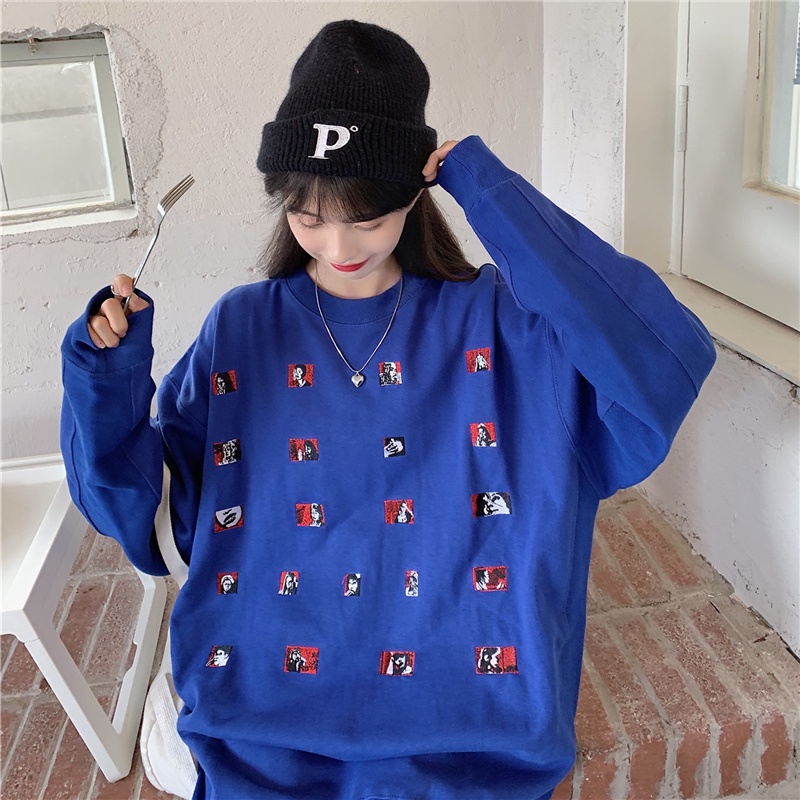 ZHELIHANGFEI Áo Thun Sweater Tay Dài Dáng Rộng Thêu Họa Tiết Xinh Xắn