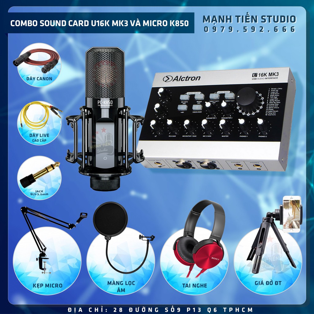 [COMBO FULL PHỤ KIỆN]Micro thu âm takstar K850 + soundcard U16K MK3 + ma1, canon2m, kẹp micro,màng lọc, có quà tặng