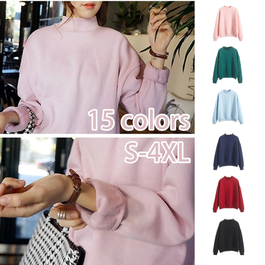 Giữ Ấm🔥Plus Áo Thun Tay Dài Phối Nhung Cổ Cao Màu Trơn Phong Cách Hàn Quốc Dành Cho Nam Và Nữ