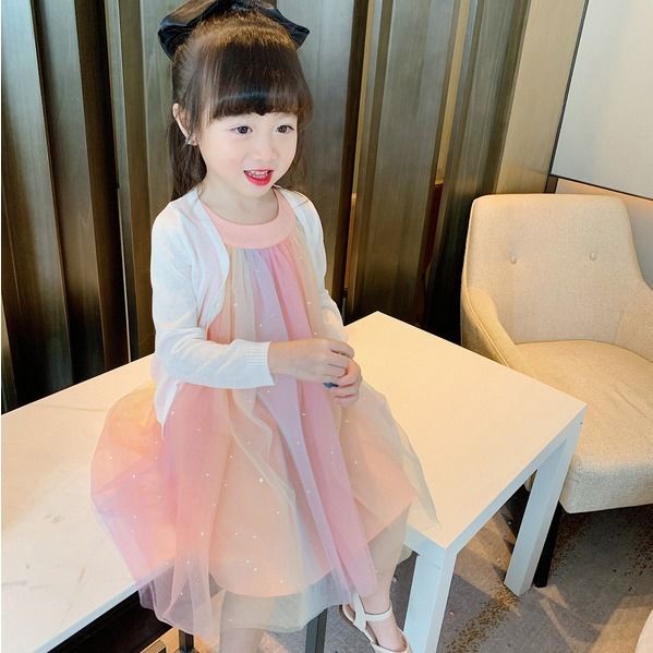 Đầm công chúa hai dây phối lưới màu cầu vồng thời trang mùa hè Hàn Quốc cho bé gái