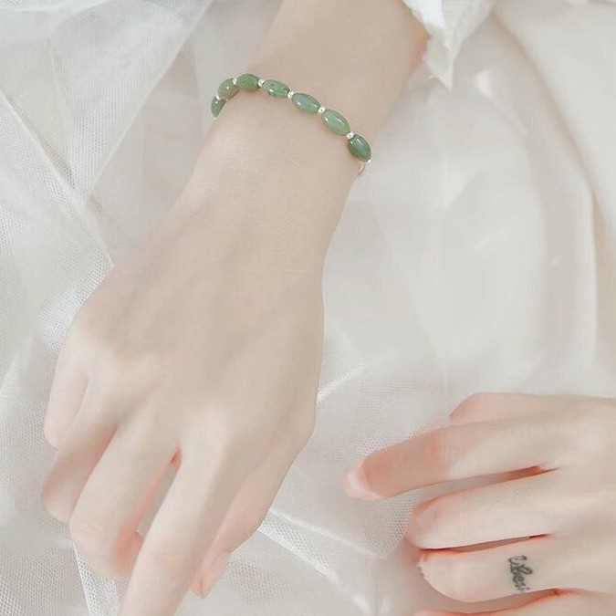 Vòng tay nữ phối đá xanh ngọc jade miến điện cho nữ dáng vòng kiềng bạc 925 LTT08 Silver Bracelet - Bảo ngọc jewelry