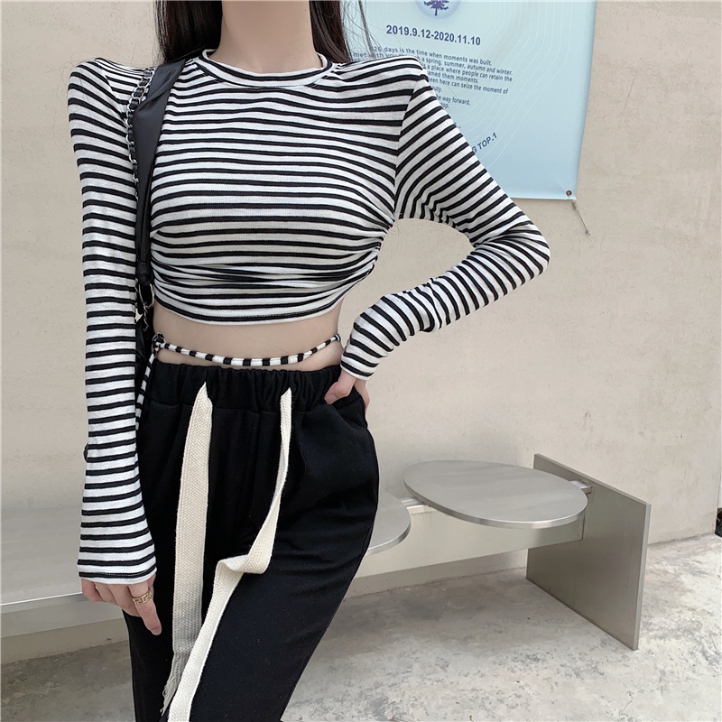Áo thun tay dài cổ tròn dáng ôm họa tiết kẻ sọc ngang thời trang cho nữ