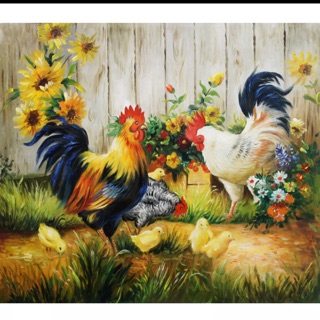 Tranh dán tường kim sa Gia Đình nhà Gà 60 x 50 cm
