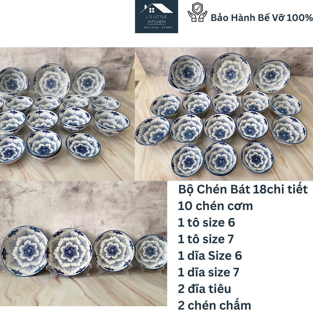 Bộ Tô Chén Dĩa Gốm Sứ Bát Tràng Hoa Xanh Cao Cấp 18-14 Chi Tiết, Bộ Bát Đĩa Cổ Hoa Xanh